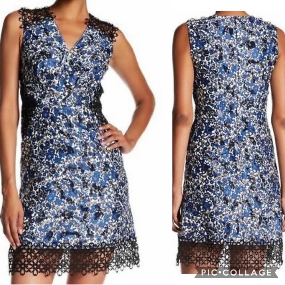 Elie Tahari Wren Crochet Trimmed Blue Floral Dress Size 8 - Picture 1 of 6
